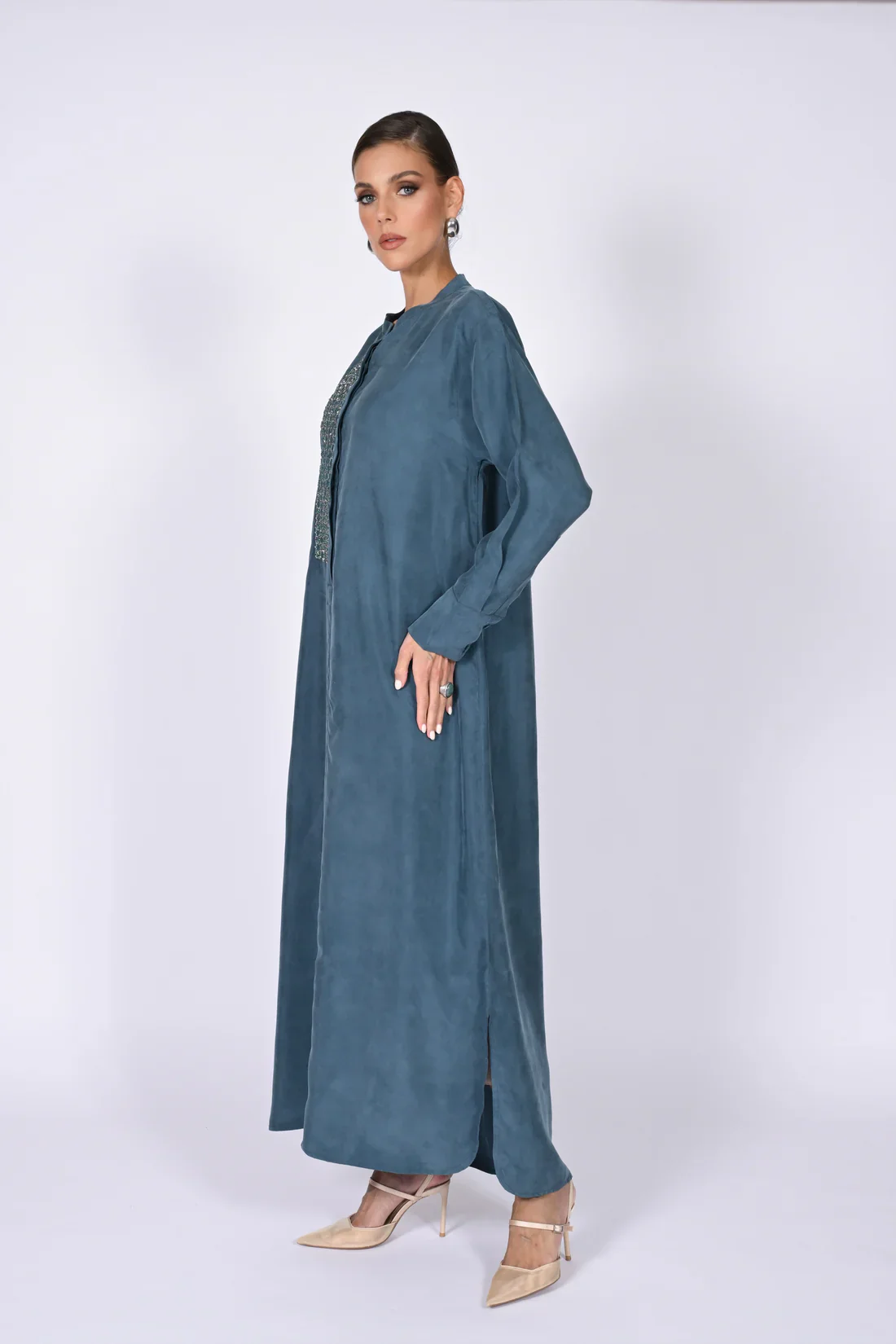 Petroleum Mao Washed Silk Kaftan - Image 8