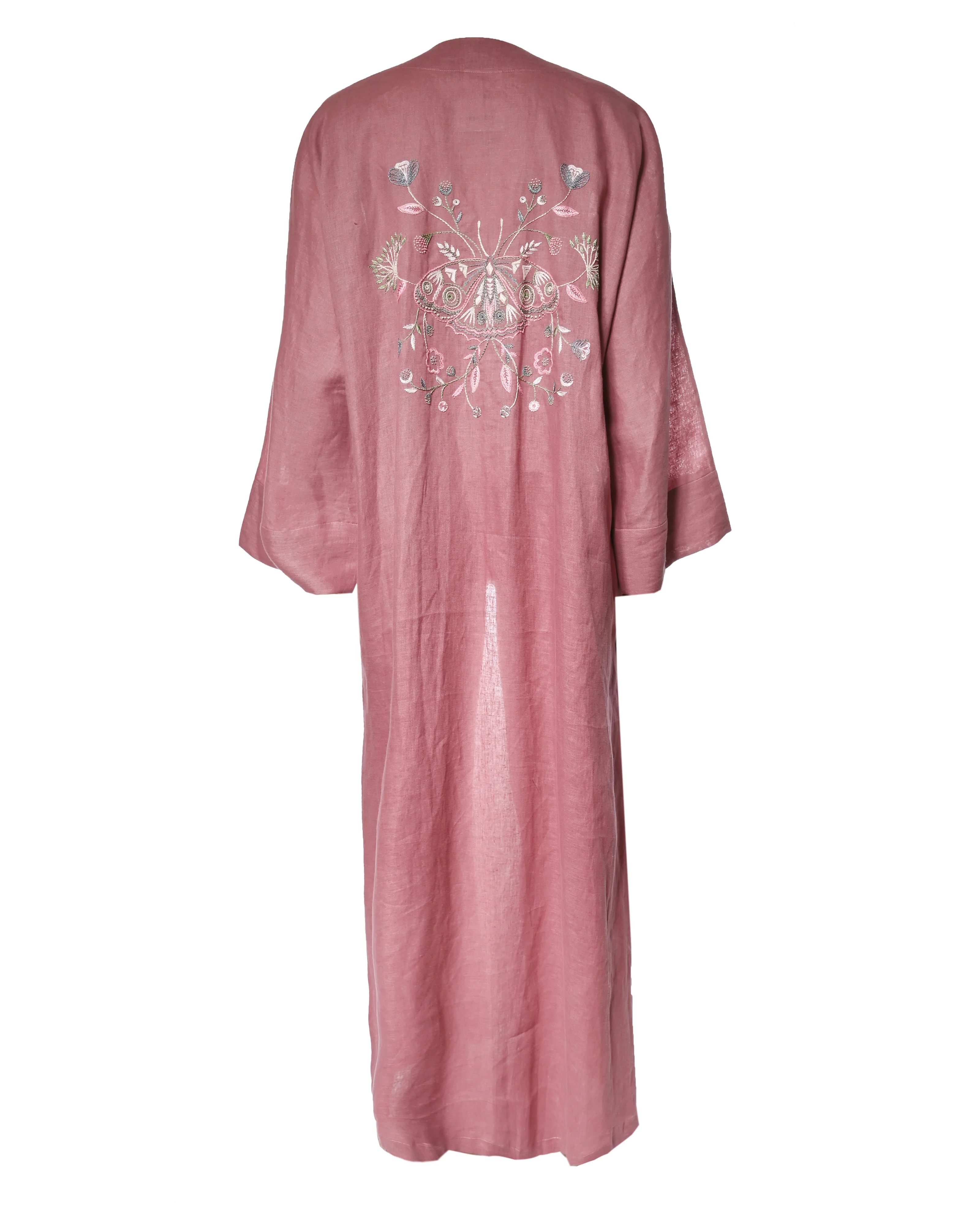 Pink Linen Embroidered Abaya - Image 2