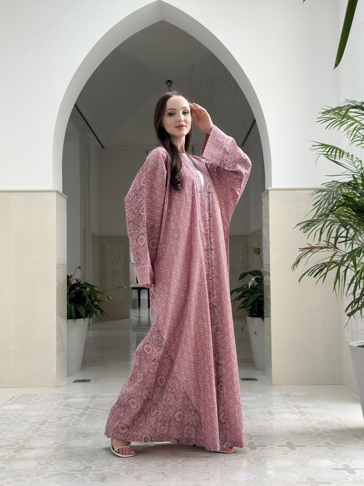 Pink Silk Embroidered Abaya - Image 7