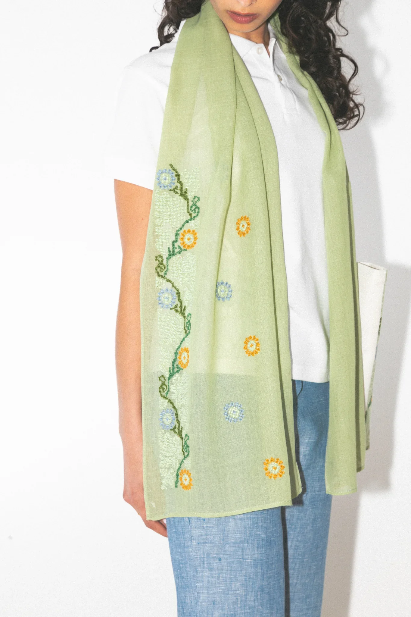 Pistachio Wool 'Babunej Flower' Scarf