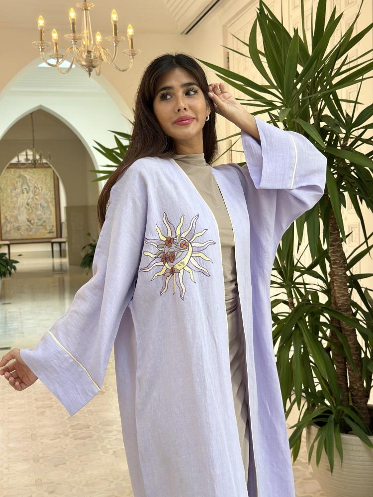 Purple Linen Embroidered Abaya - Image 2