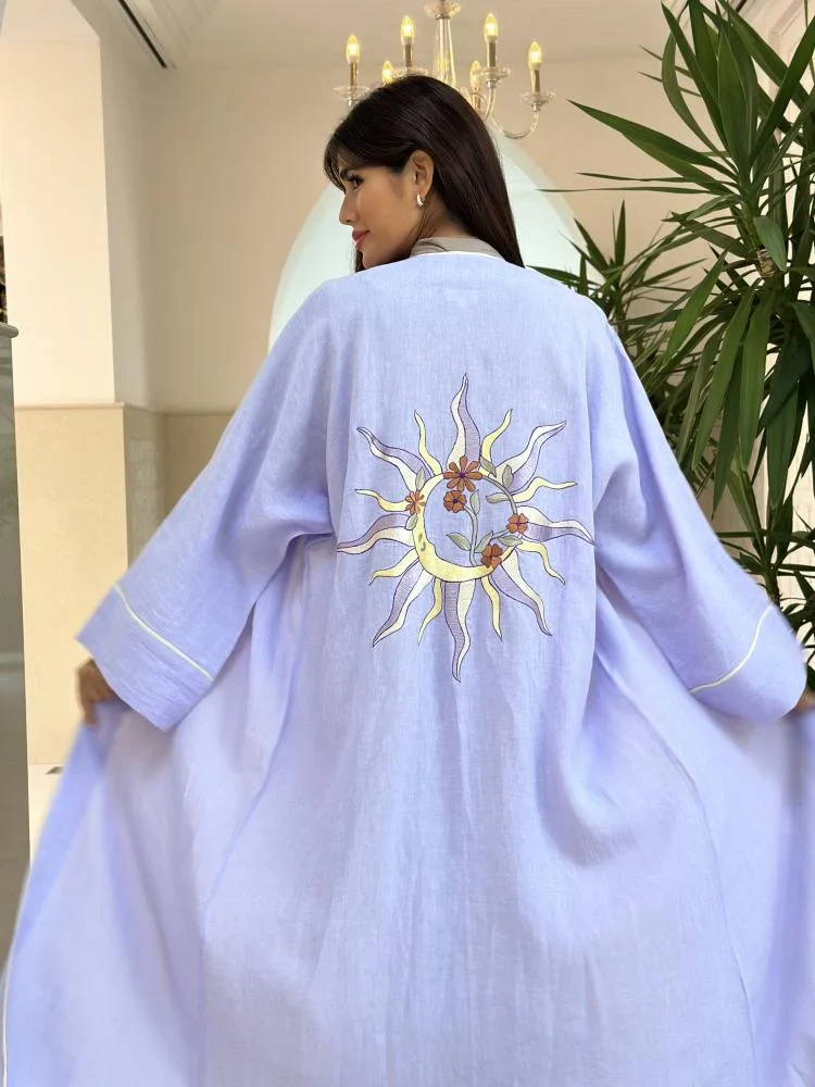 Purple Linen Embroidered Abaya - Image 3