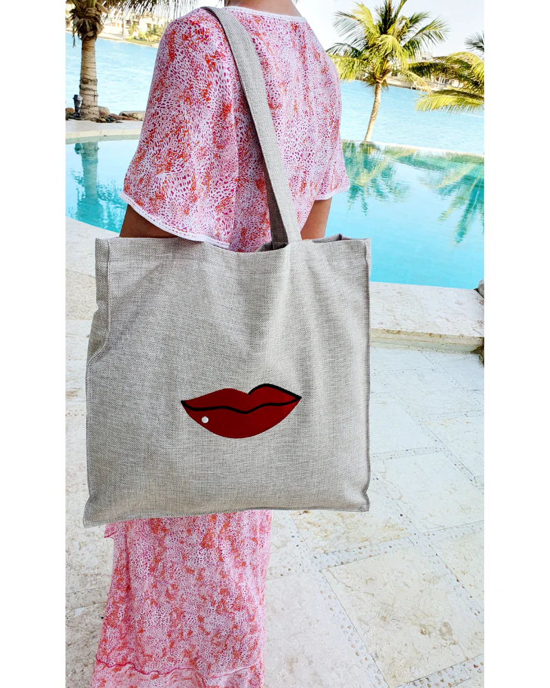 Beige Red Lips Tote Bag - Image 2