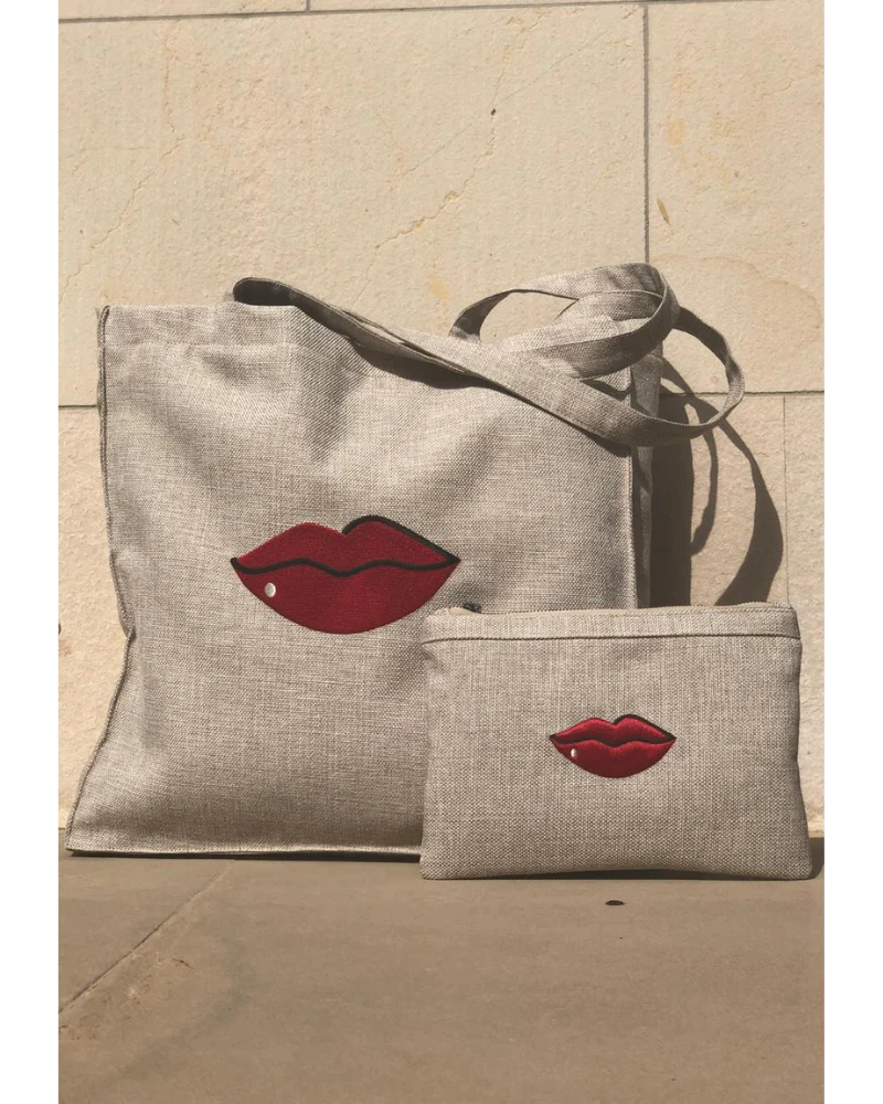 Beige Red Lips Tote Bag - Image 3