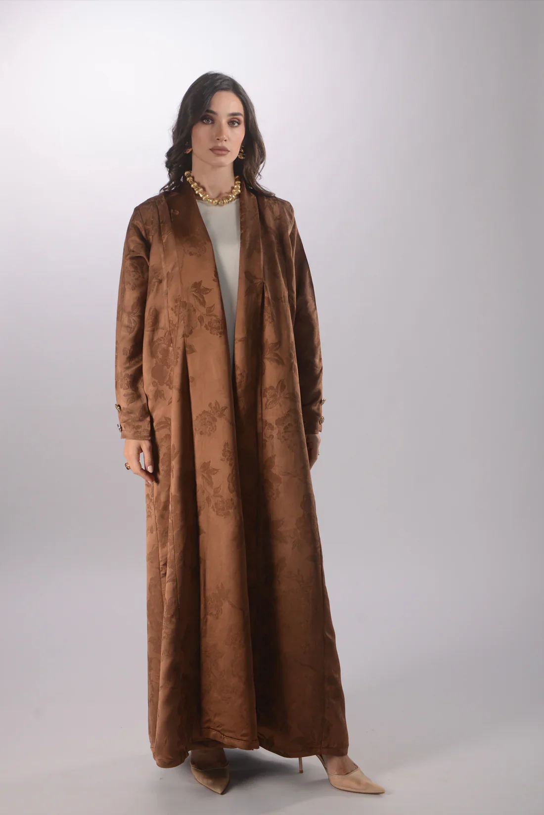 Roselle Brown Silk Jacquard Abaya