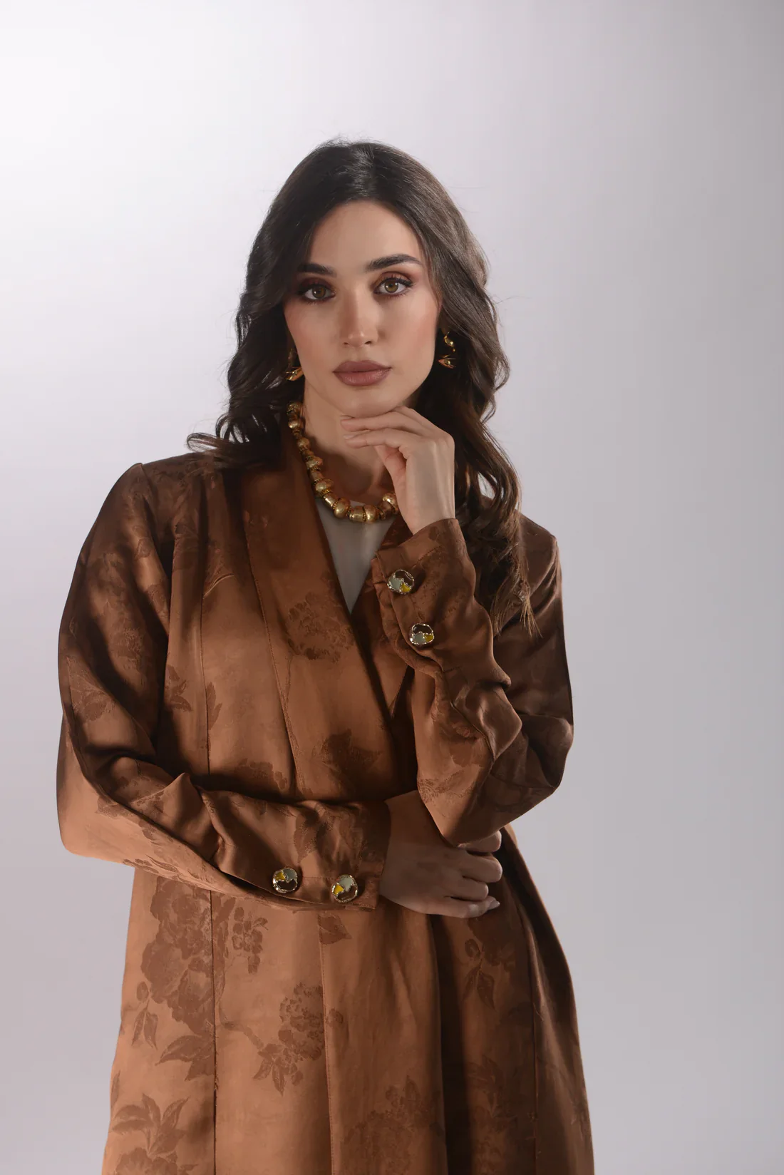 Roselle Brown Silk Jacquard Abaya - Image 2