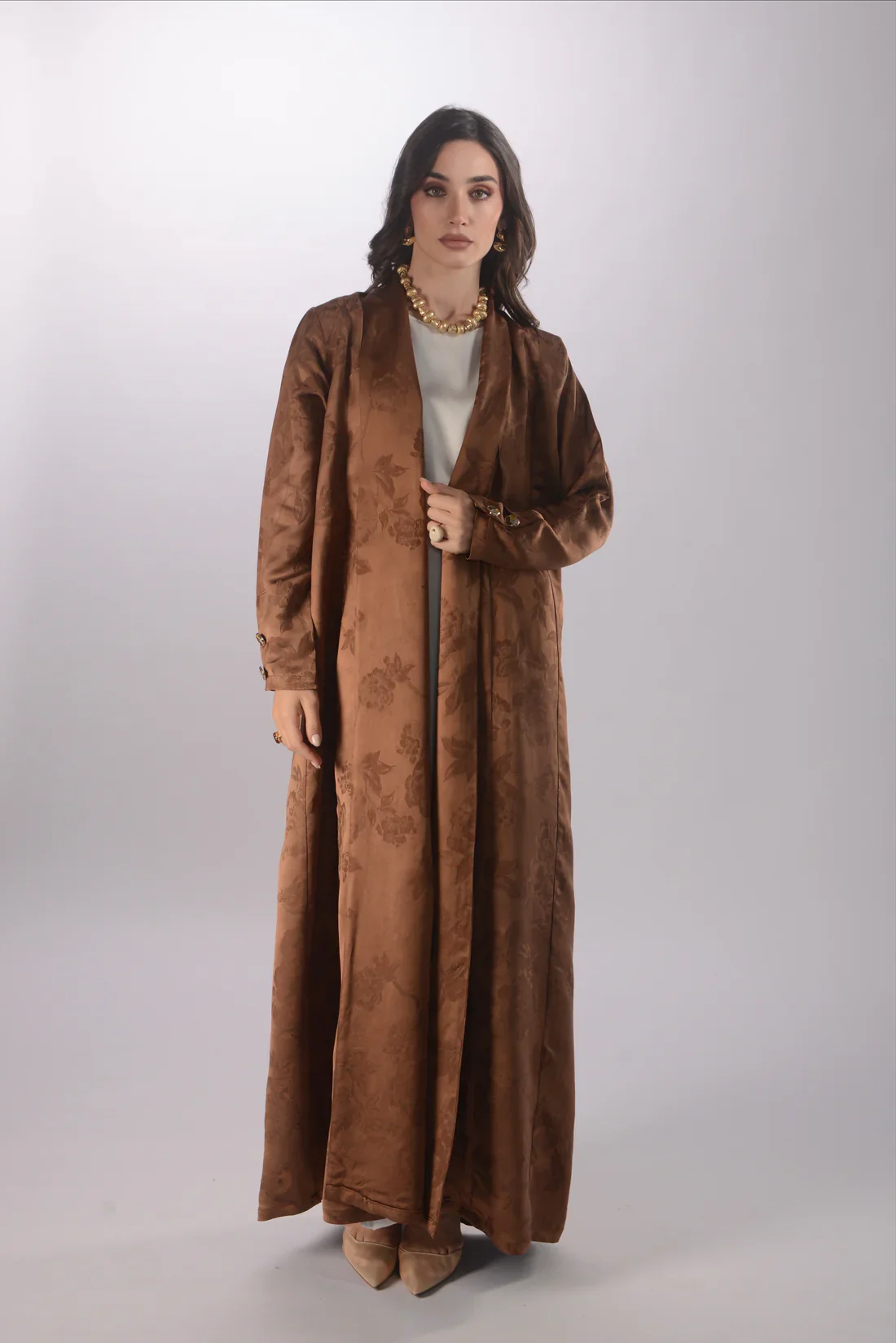 Roselle Brown Silk Jacquard Abaya - Image 3
