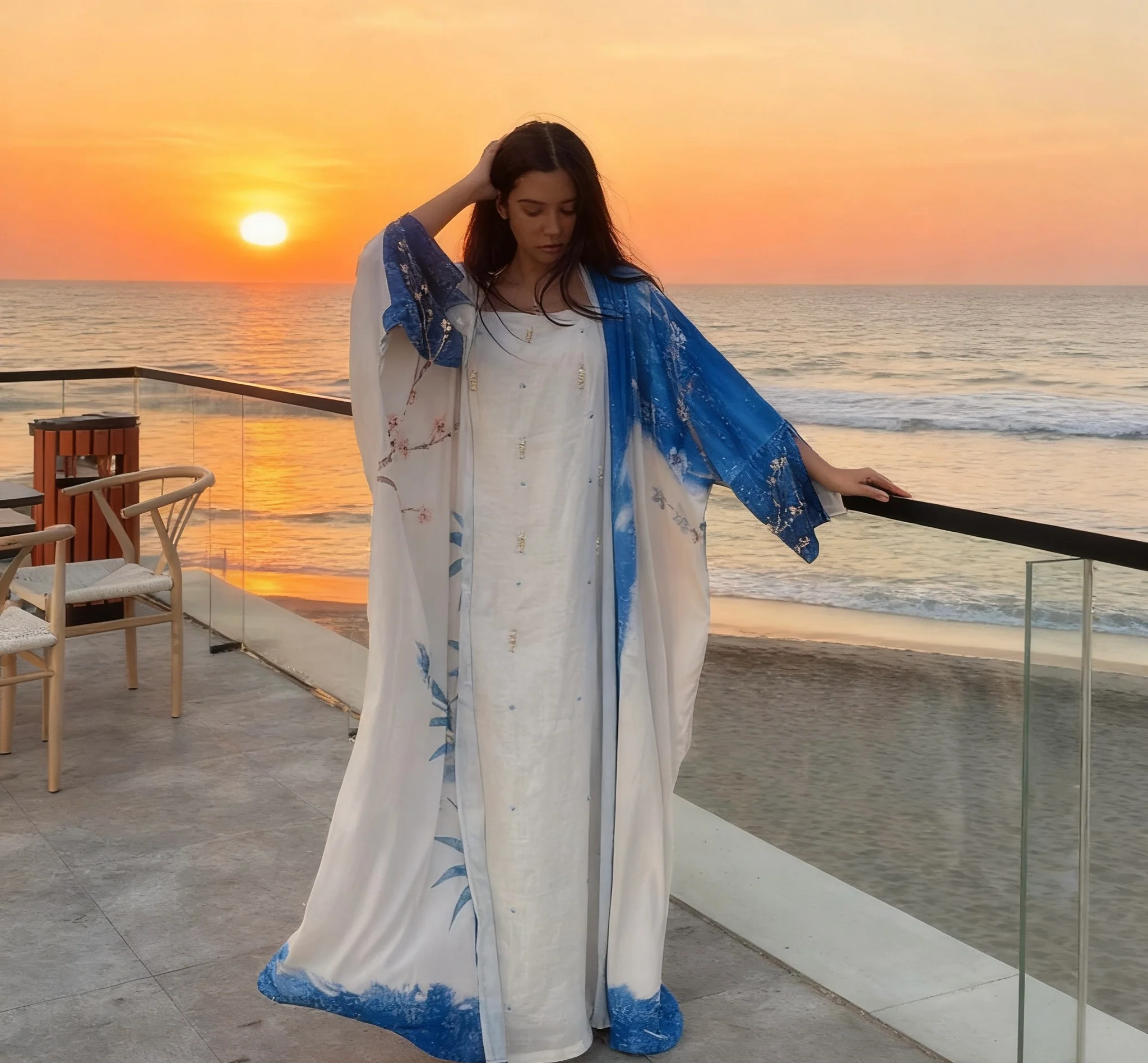 "She Thought in Indigo" Abaya | Off-White & Indigo Blue - Image 6