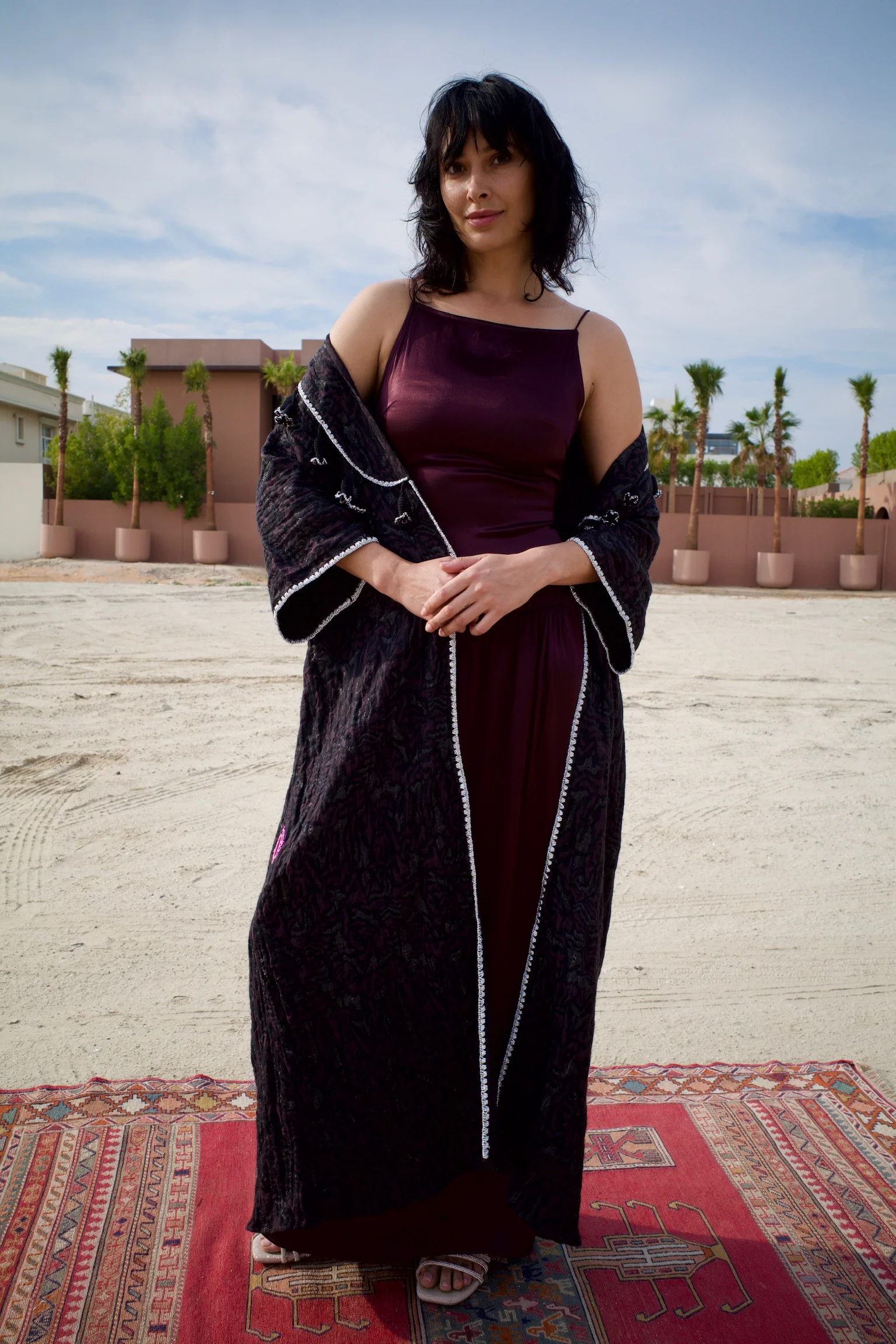 Silk Deep Maroon Abaya set with Inner Dress - Image 2