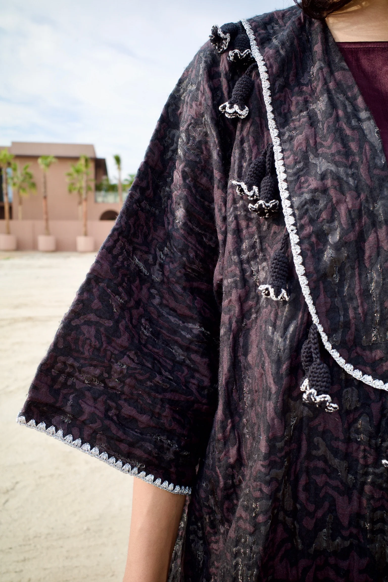 Silk Deep Maroon Abaya set with Inner Dress - Image 3