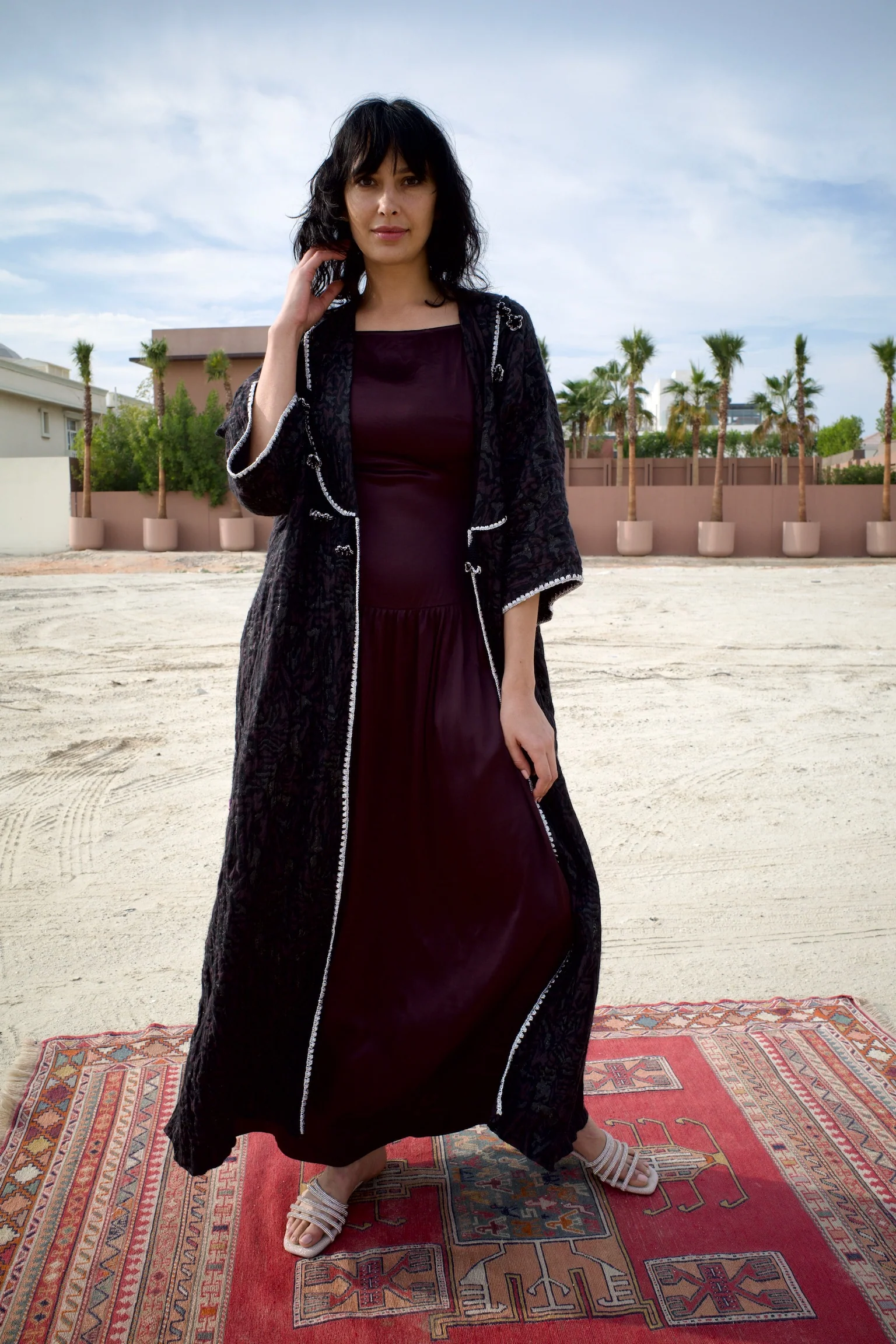 Silk Deep Maroon Abaya set with Inner Dress - Image 4