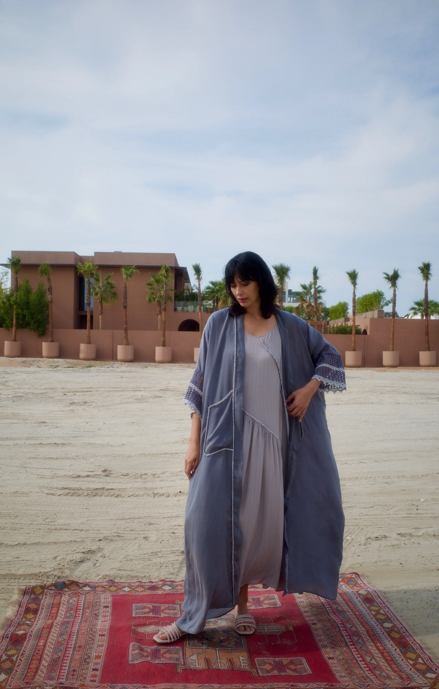 Silk Grey Abaya Set with Inner Dress - Image 2