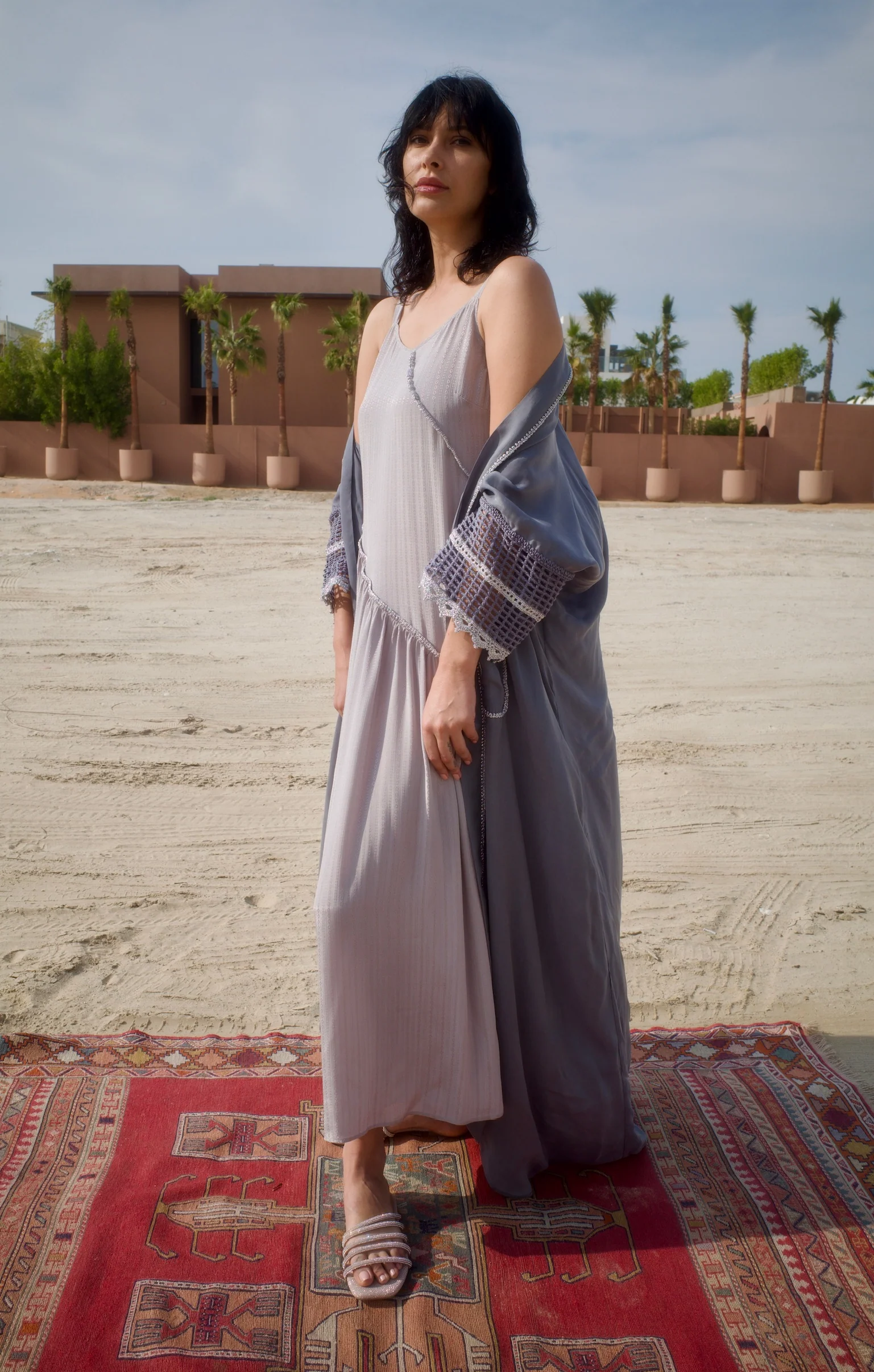 Silk Grey Abaya Set with Inner Dress - Image 3