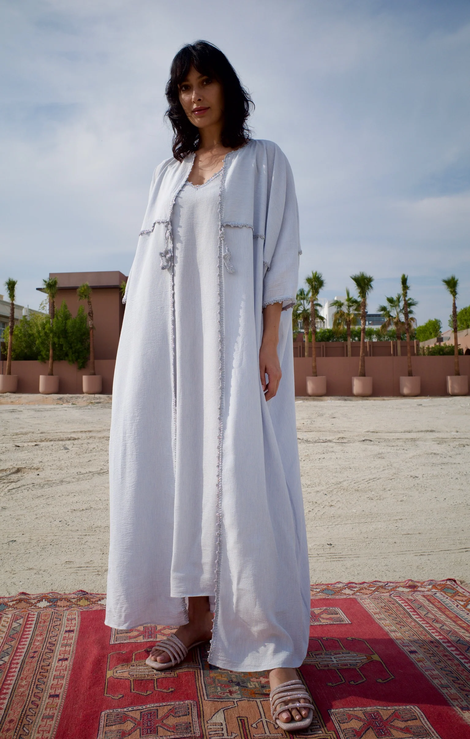 Silk Light Blue Abaya Set with Inner Dress