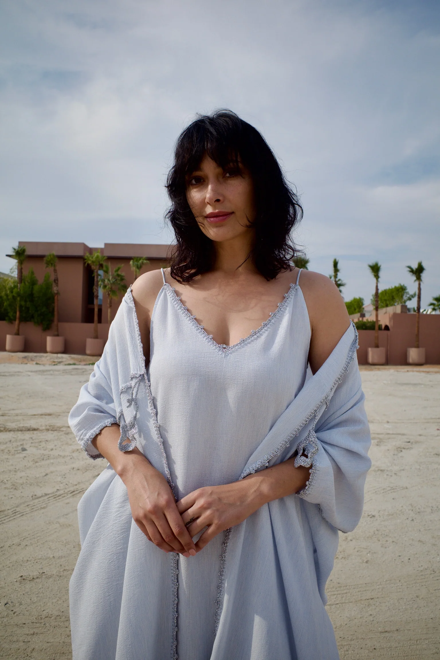 Silk Light Blue Abaya Set with Inner Dress - Image 2