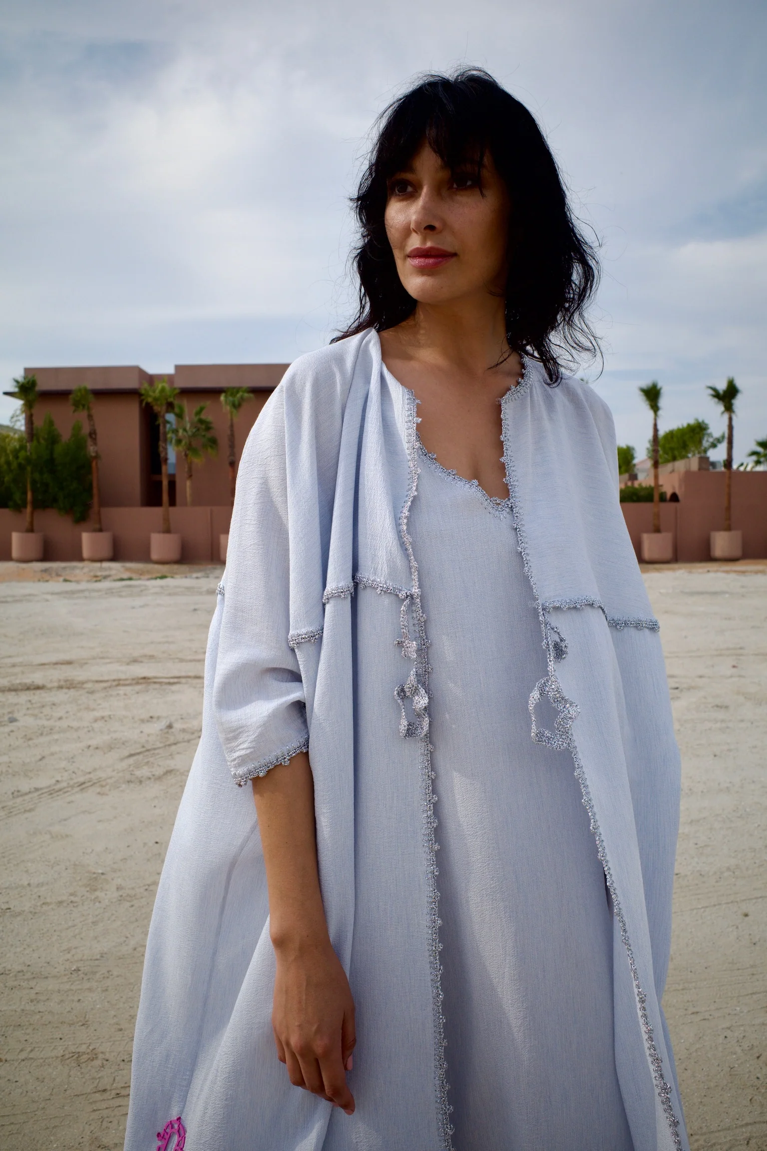 Silk Light Blue Abaya Set with Inner Dress - Image 3