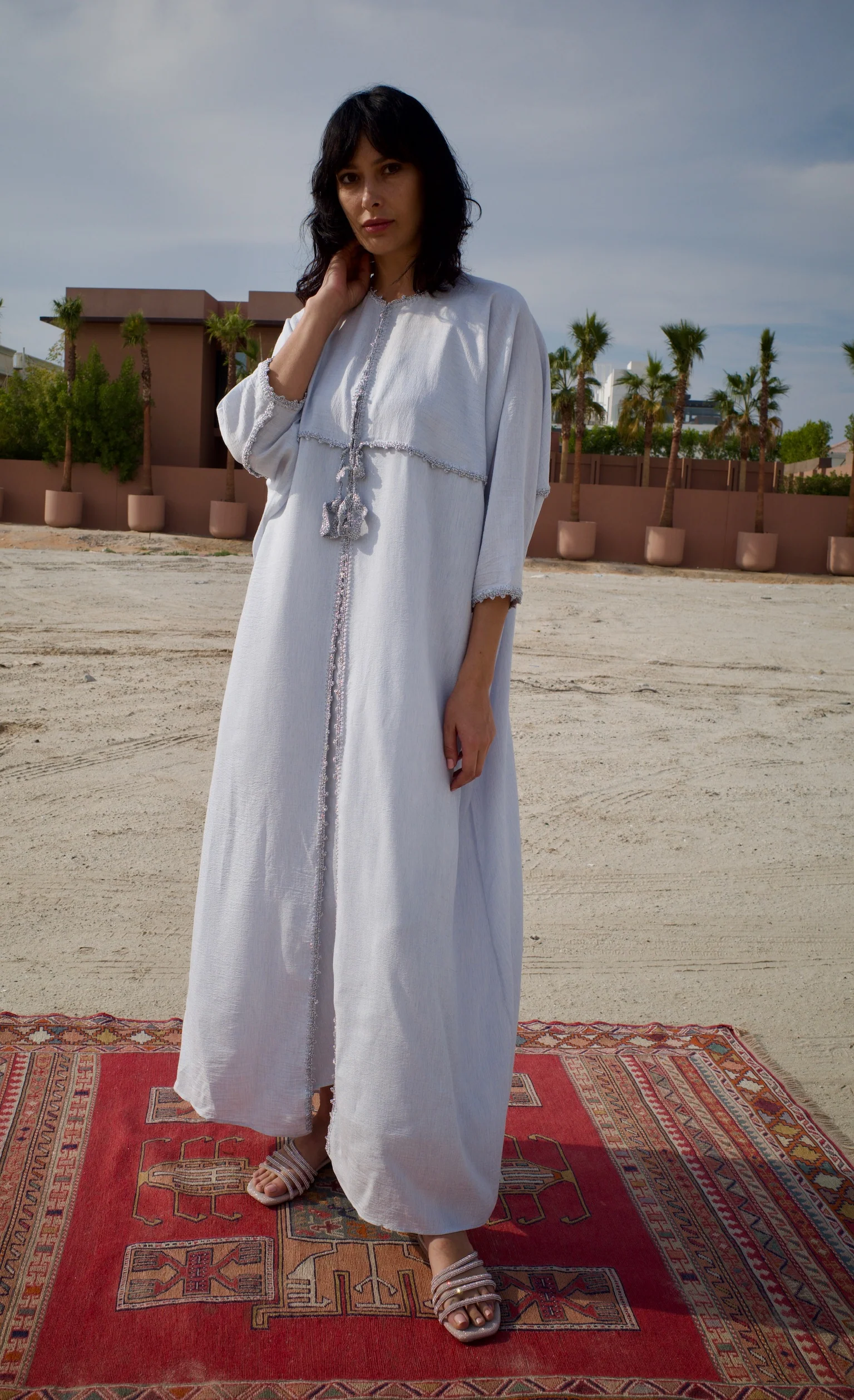 Silk Light Blue Abaya Set with Inner Dress - Image 4