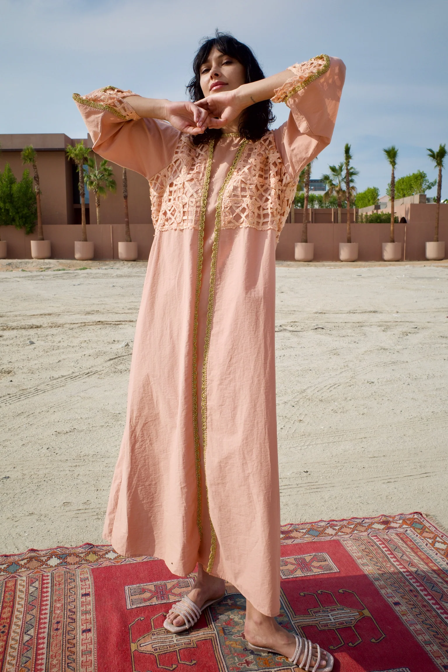 Silk Salmon Abaya Set with Inner Dress - Image 10