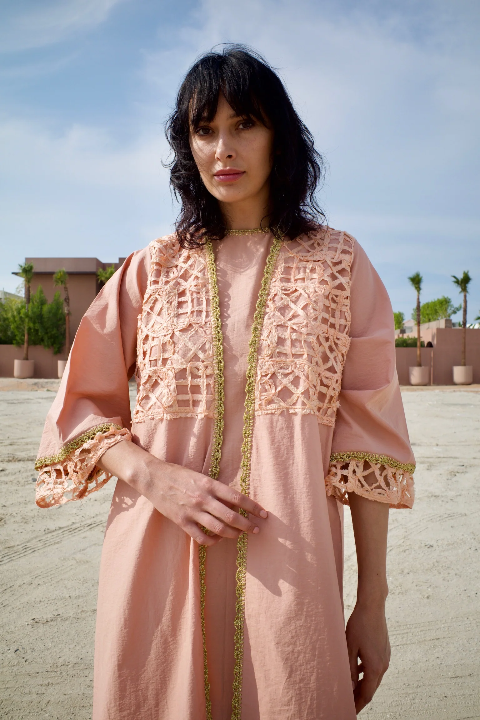 Silk Salmon Abaya Set with Inner Dress - Image 3