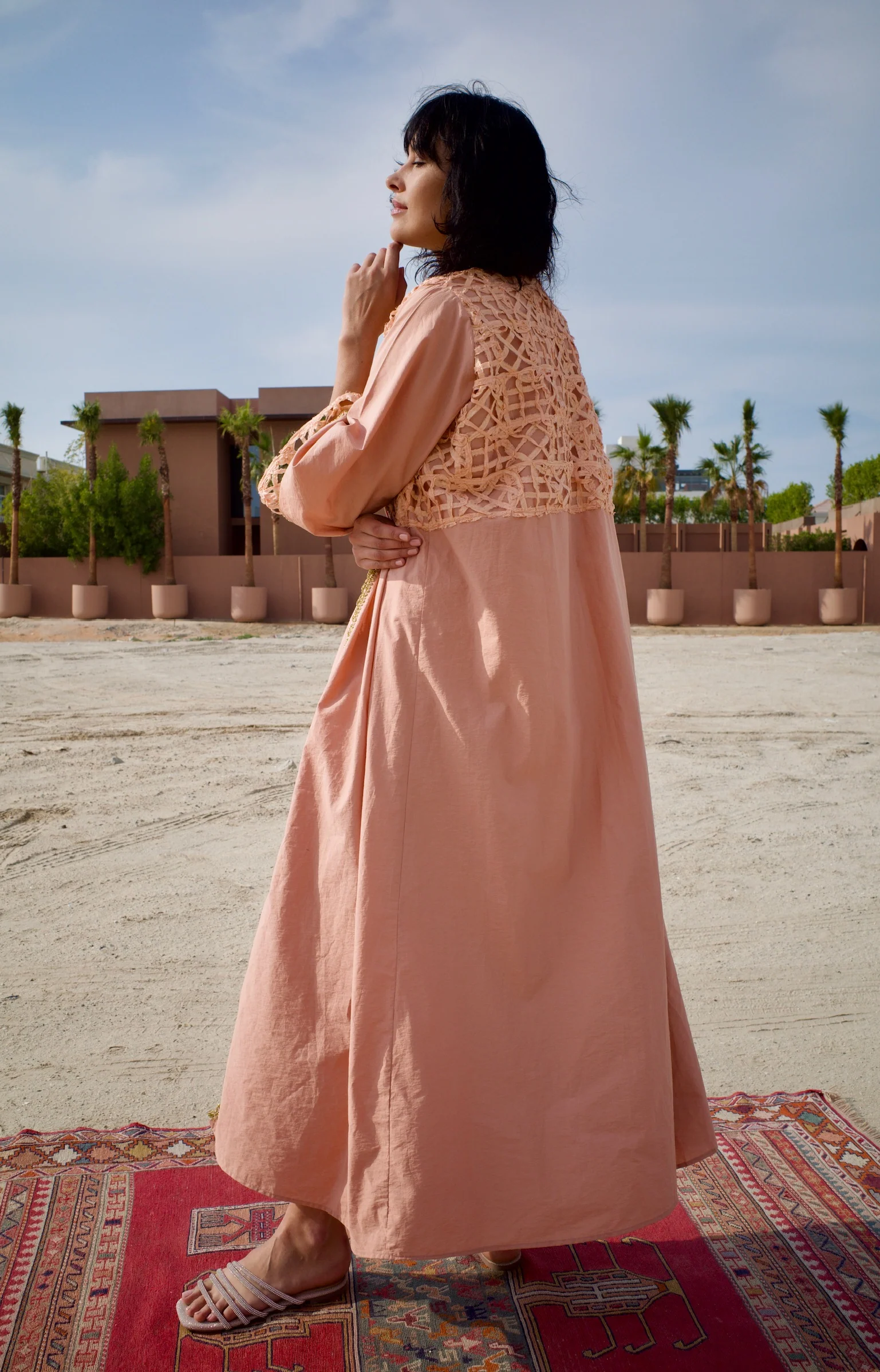 Silk Salmon Abaya Set with Inner Dress - Image 6