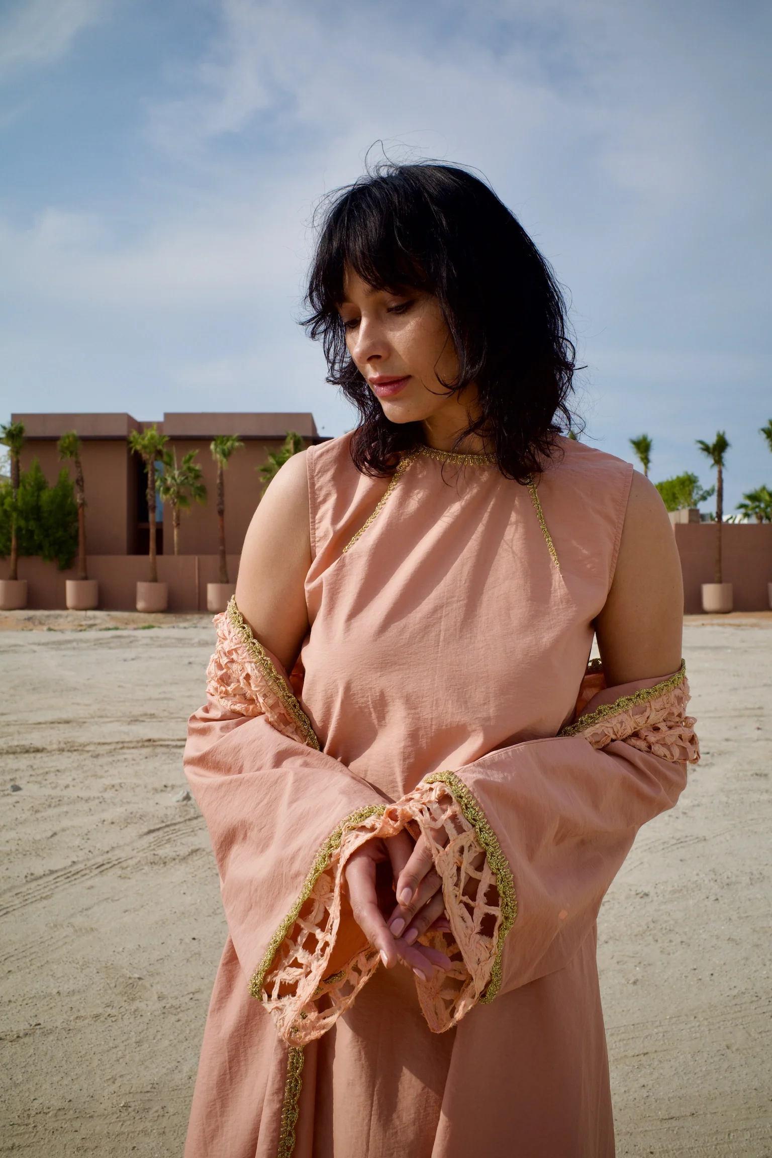 Silk Salmon Abaya Set with Inner Dress - Image 7