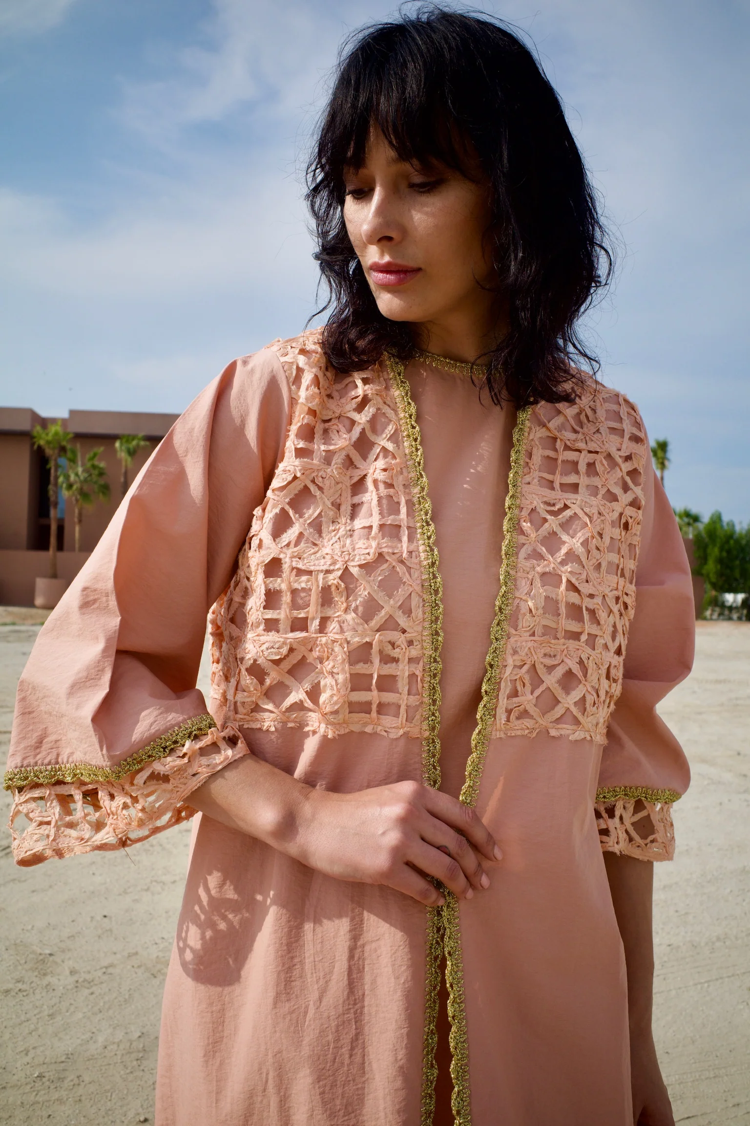 Silk Salmon Abaya Set with Inner Dress - Image 8