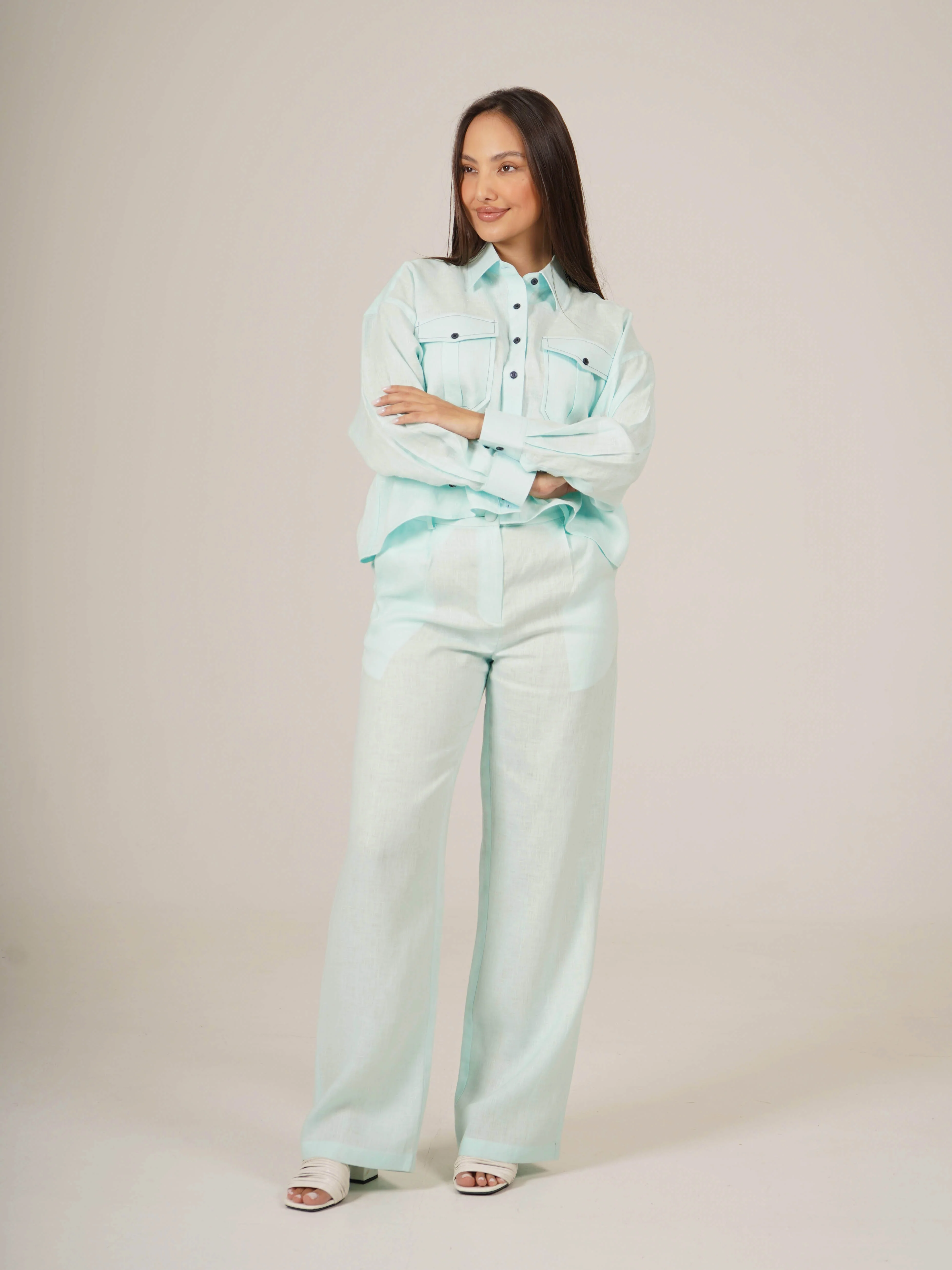 Tiffany Blue Martina Linen Oversized Cropped Shirt - Image 3
