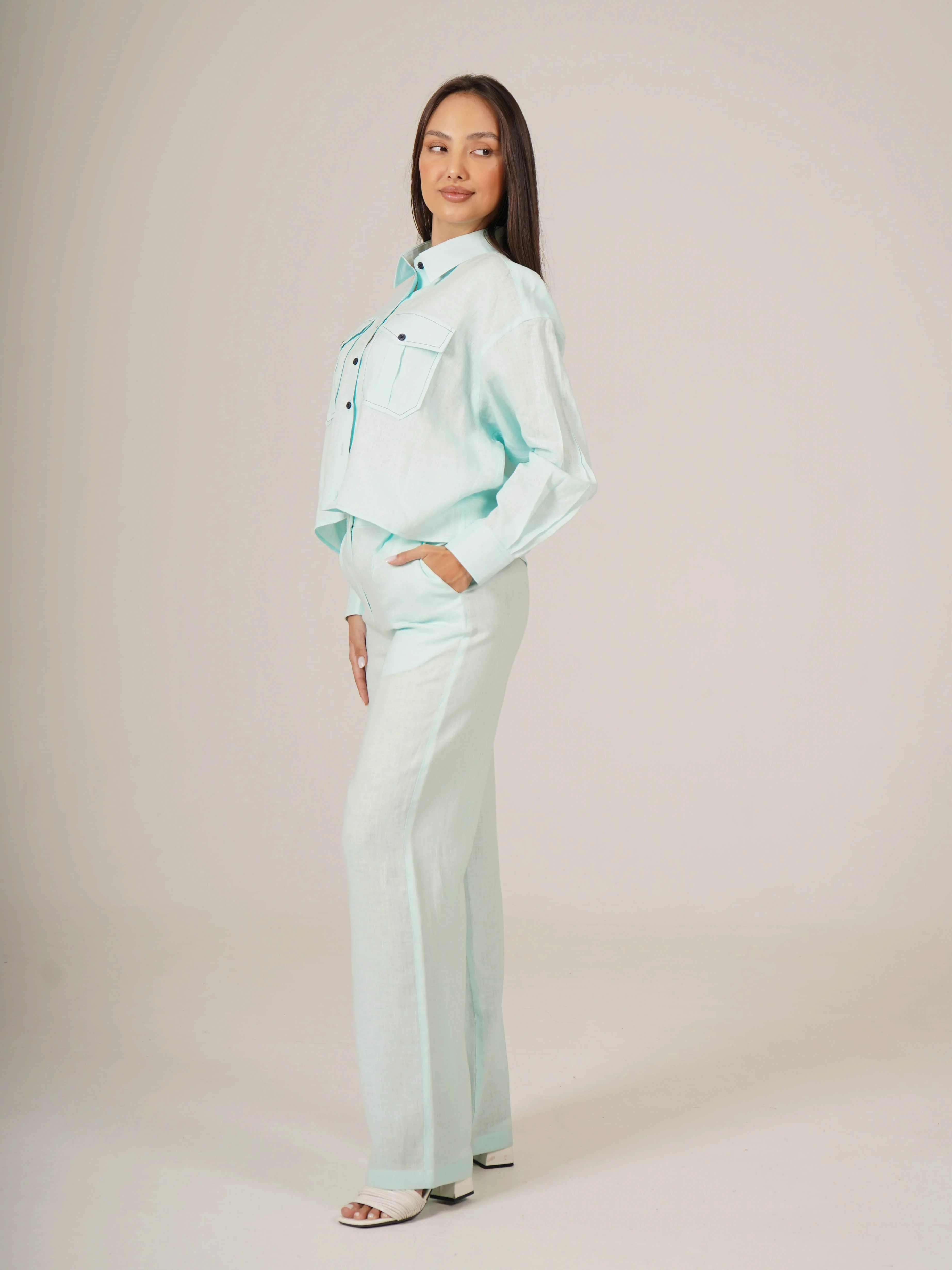 Tiffany Blue Martina Linen Oversized Cropped Shirt - Image 5
