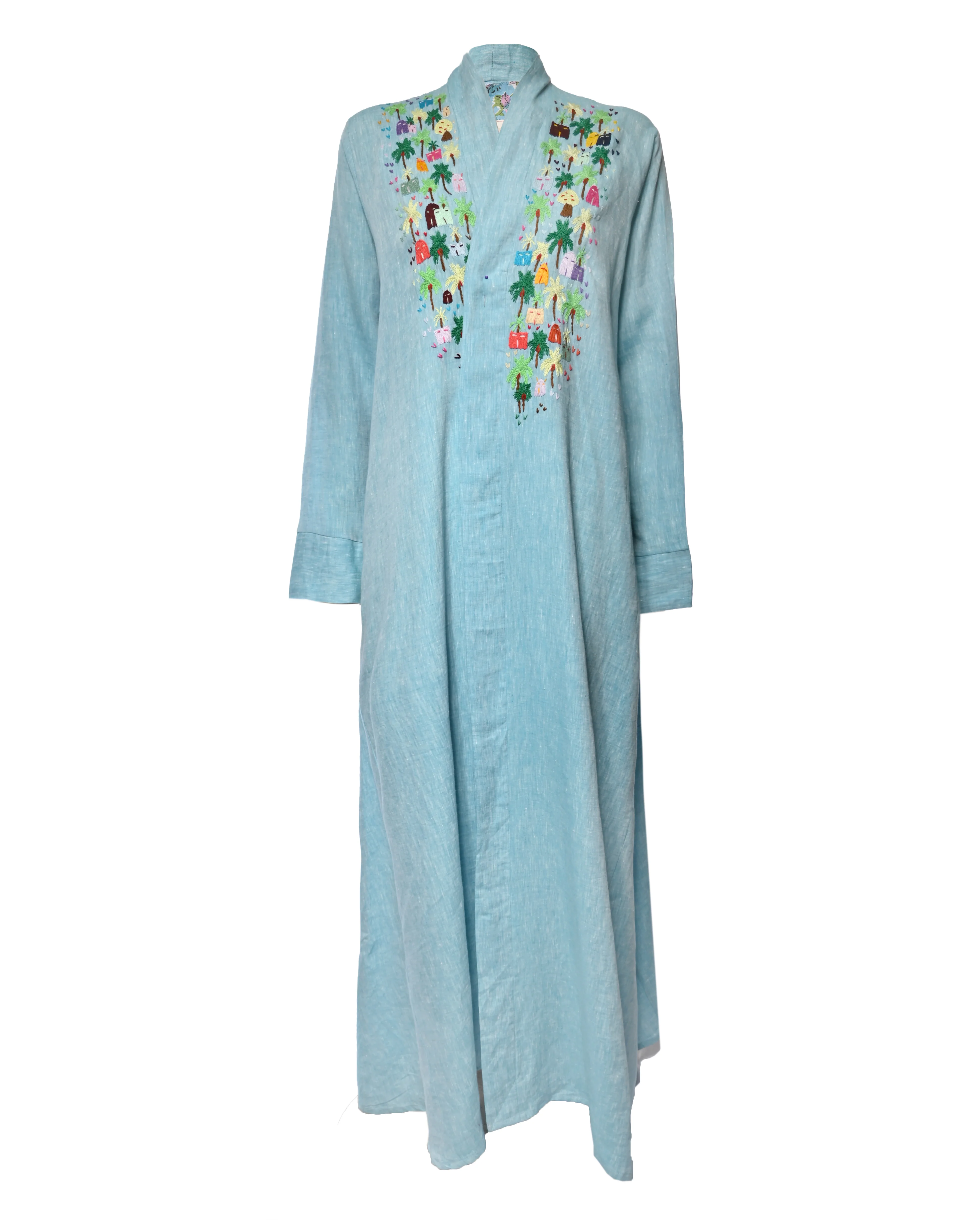 Turquoise Embroidered Linen Abaya