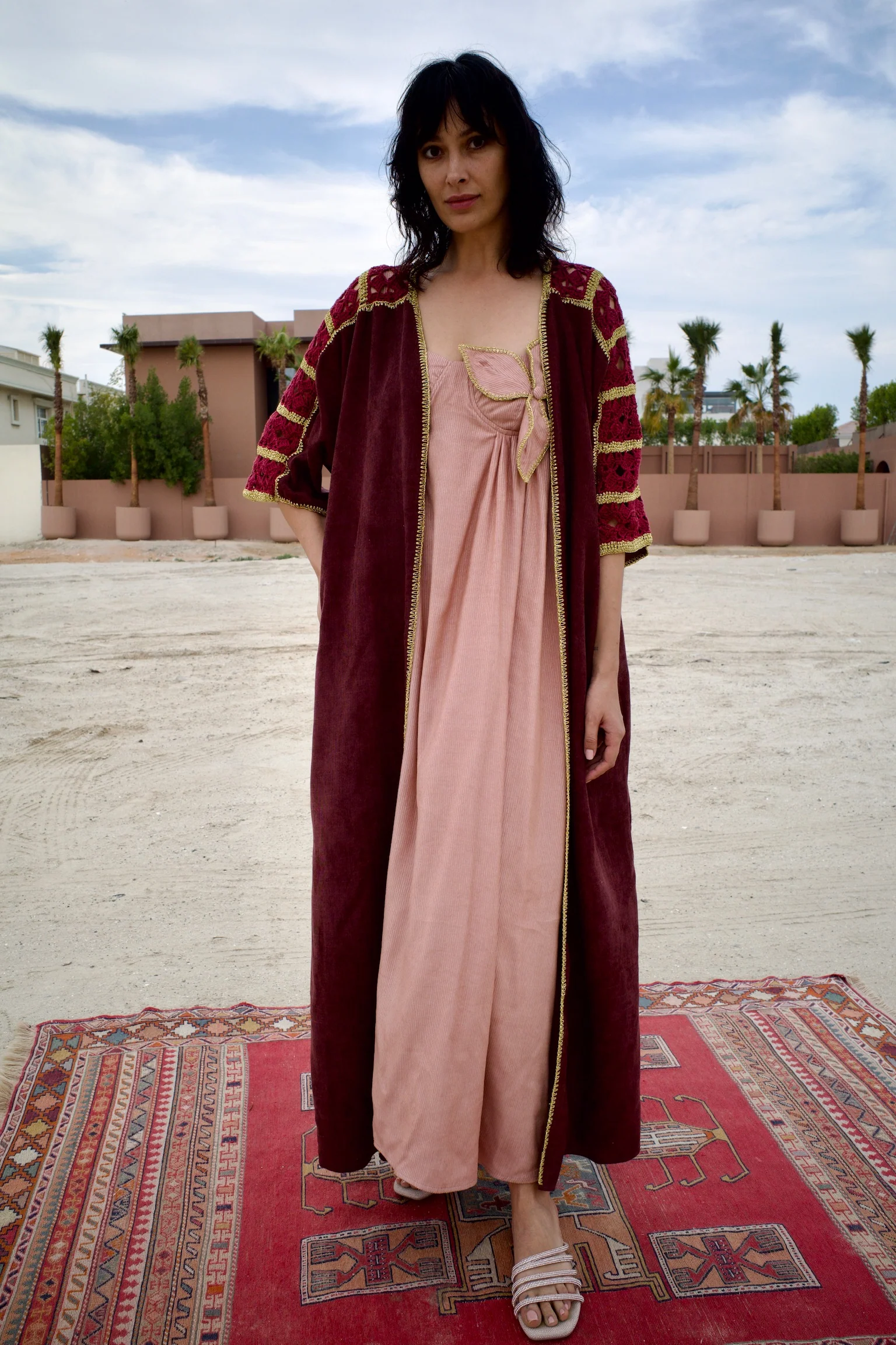 Velvet Corduroy Maroon Abaya Set with Pink Inner Dress