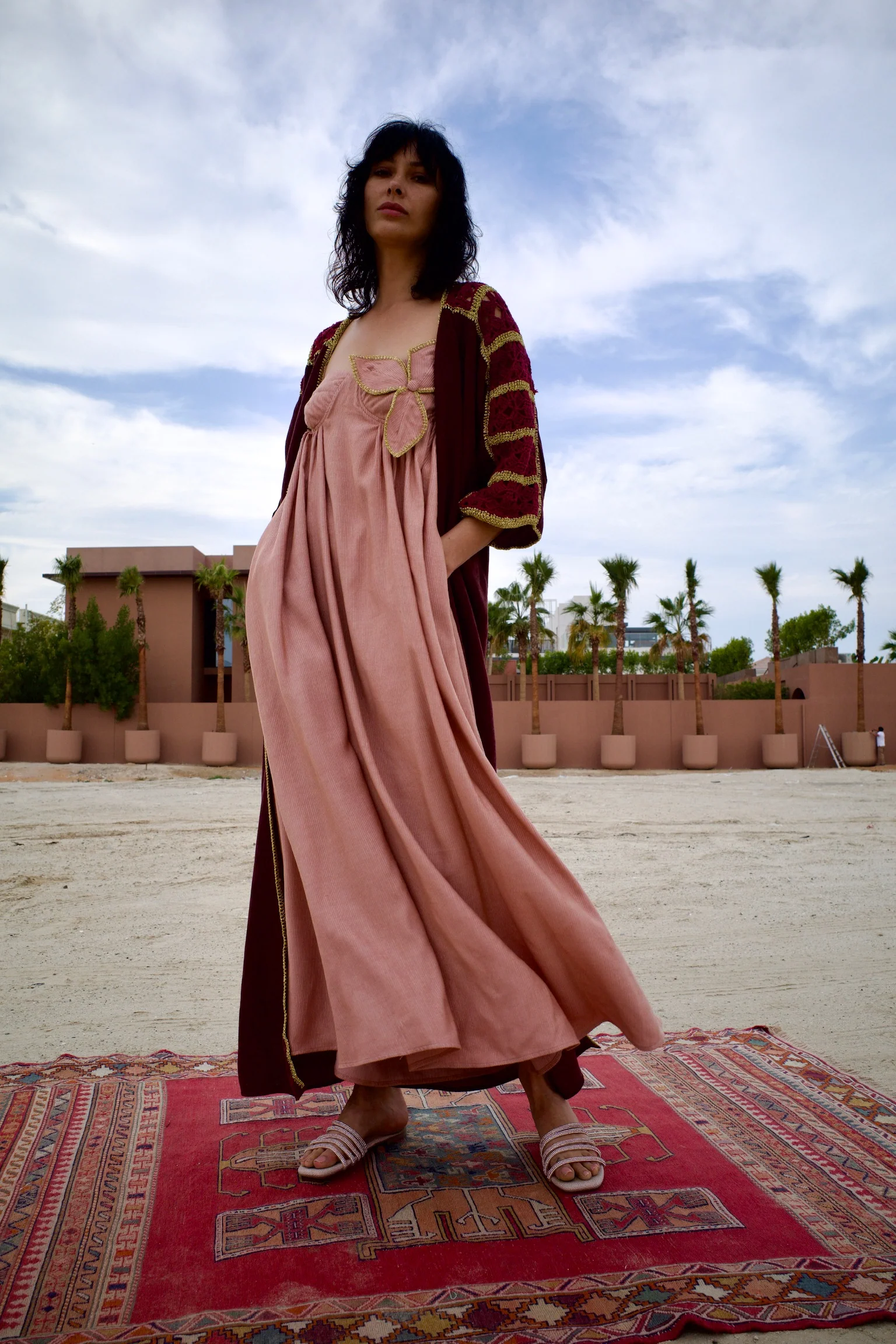 Velvet Corduroy Maroon Abaya Set with Pink Inner Dress - Image 3