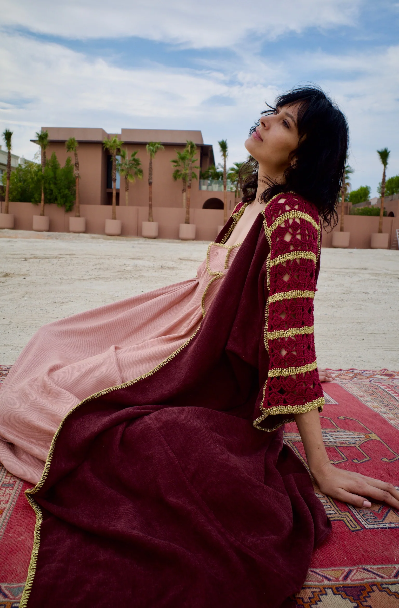 Velvet Corduroy Maroon Abaya Set with Pink Inner Dress - Image 4