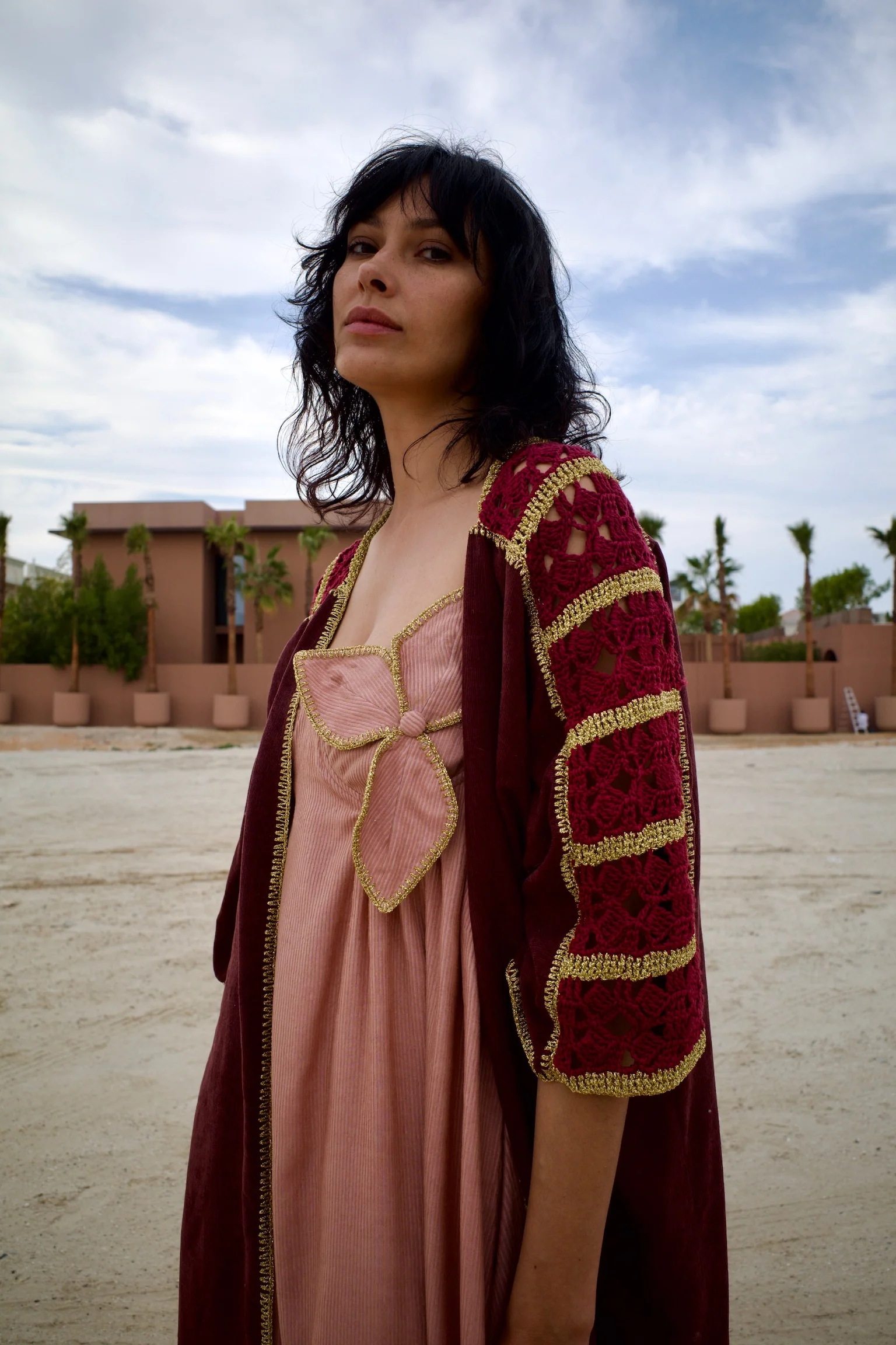 Velvet Corduroy Maroon Abaya Set with Pink Inner Dress - Image 5
