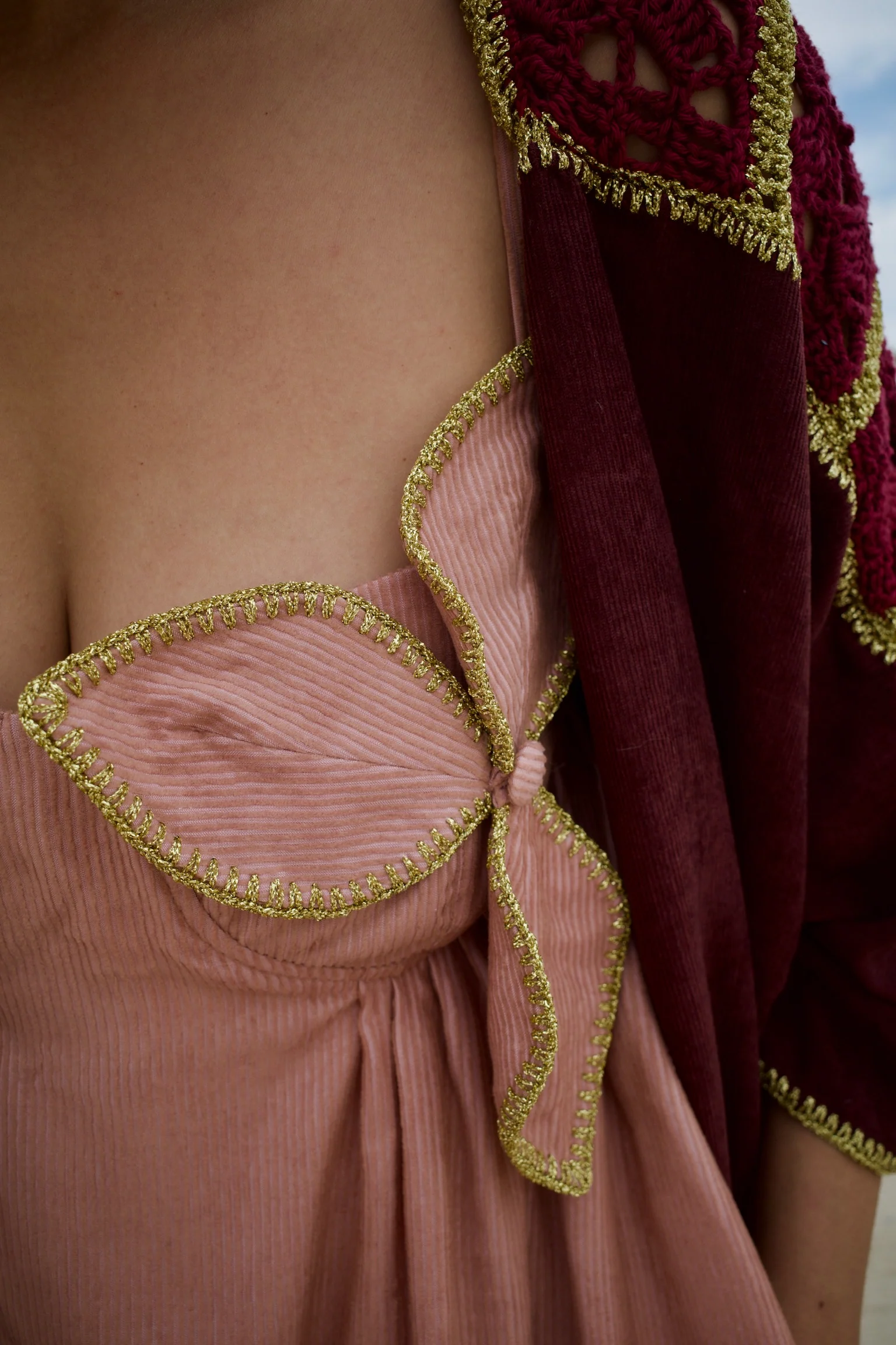 Velvet Corduroy Maroon Abaya Set with Pink Inner Dress - Image 6
