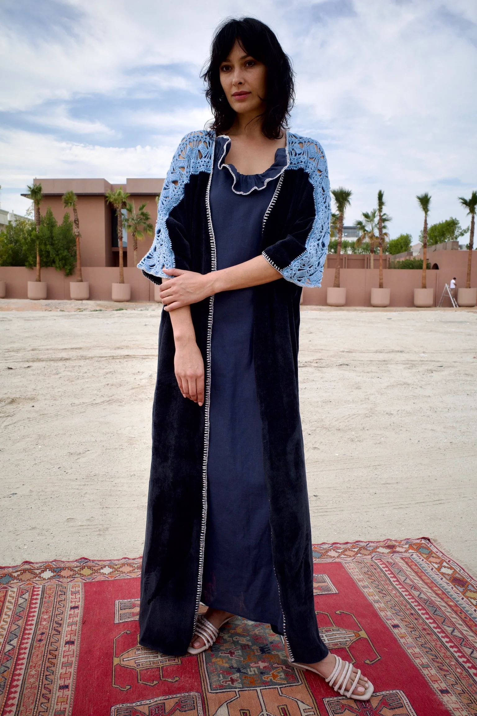 Velvet Corduroy Navy Blue Abaya Set with Pink Inner Dress