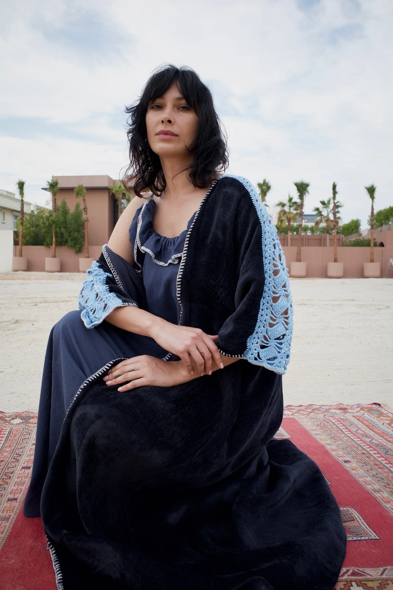 Velvet Corduroy Navy Blue Abaya Set with Pink Inner Dress - Image 3