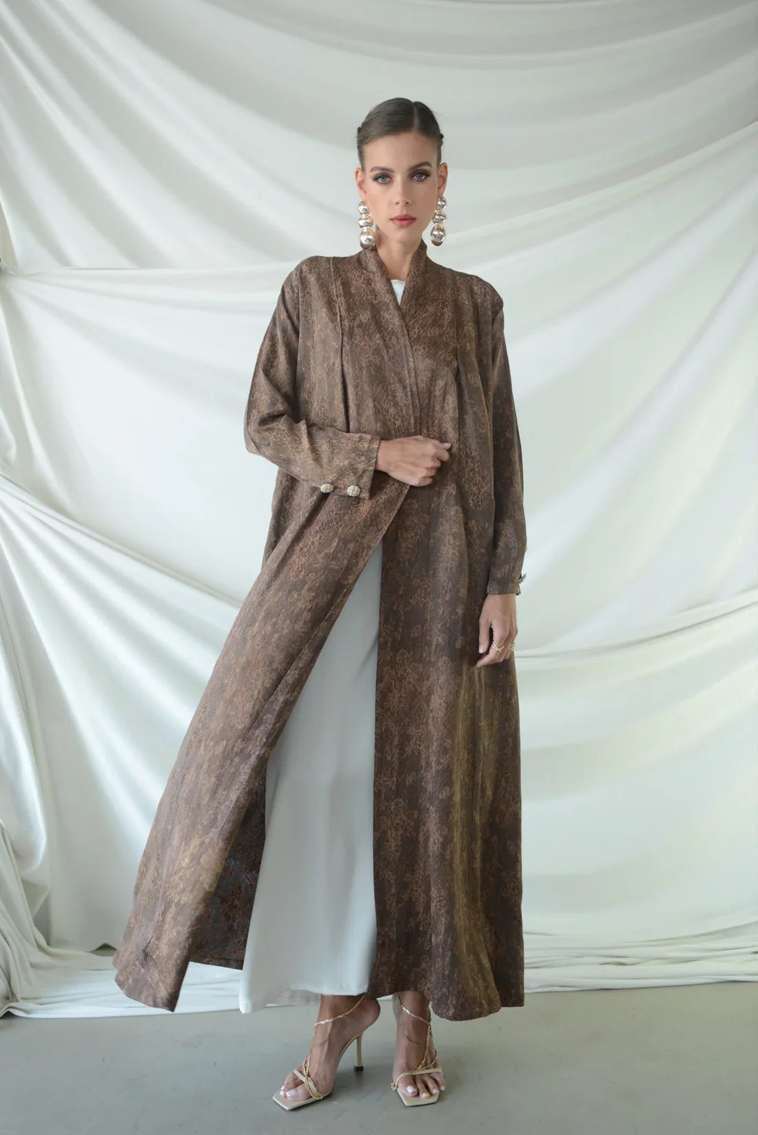 Vendome Brown Silk Jacquard Abaya