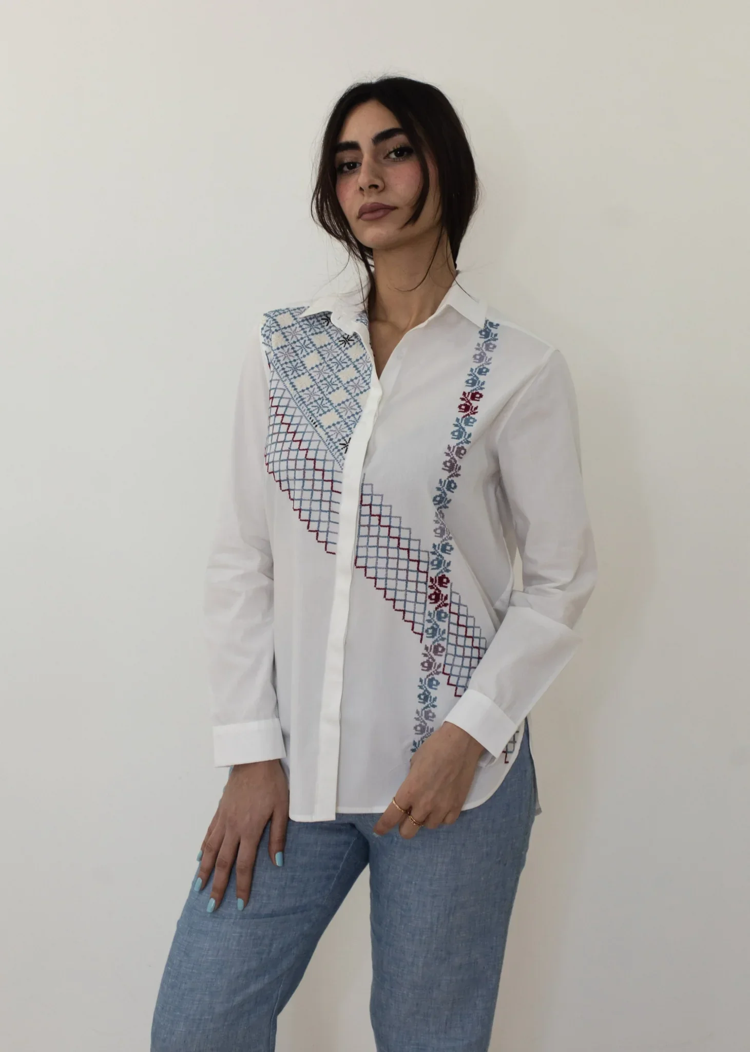 White Stairs and Earrings Embroidered Shirt